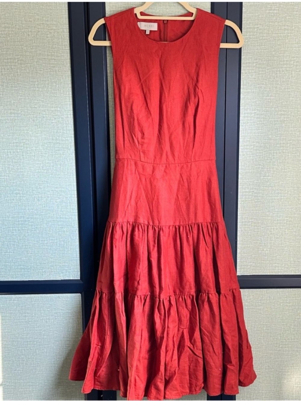 Hobbs London Seville Midi Dress in Cayenne Red 100% Linen Drop Waist, Size 6